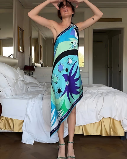 "Cosmic Wave" One-Shoulder Abstract Print Asymmetrical Midi Dress