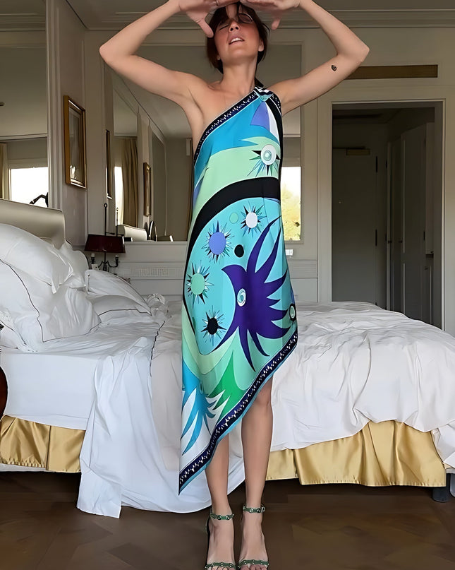 "Cosmic Wave" One-Shoulder Abstract Print Asymmetrical Midi Dress