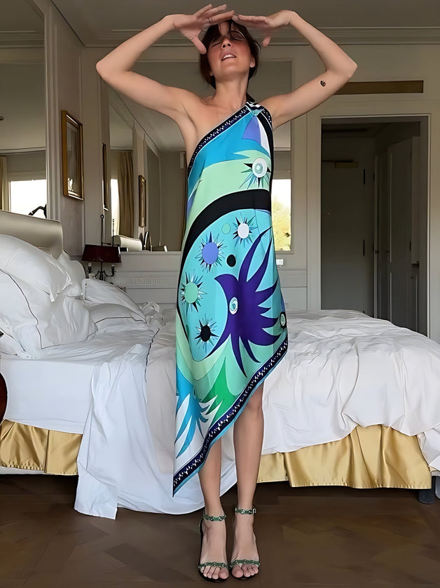 "Cosmic Wave" One-Shoulder Abstract Print Asymmetrical Midi Dress