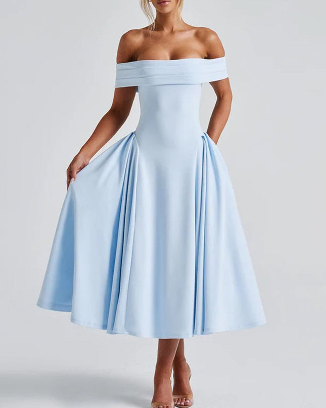 "Sky Duchess" Off-Shoulder Midi Dress