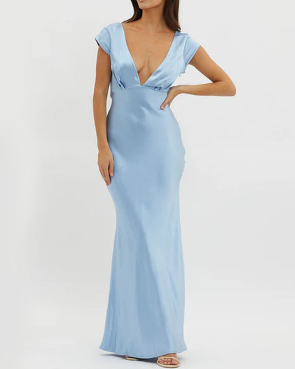 "Sky Satin" Plunge V-Neck Maxi Dress