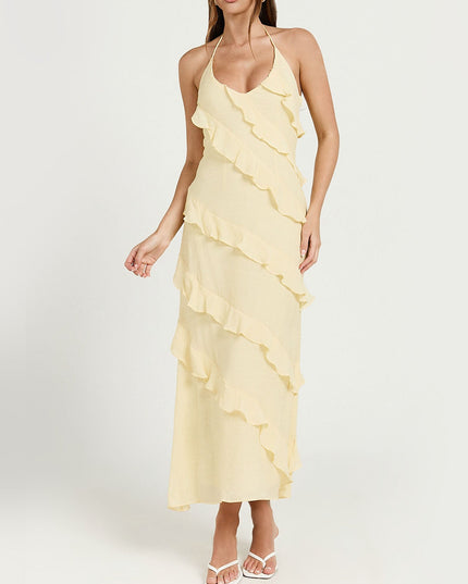 "Sunlit Ruffle" Yellow Halter Ruffle Midi Dress