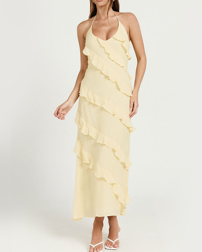 "Sunlit Ruffle" Yellow Halter Ruffle Midi Dress