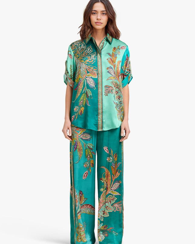 "Emerald Paisley" Teal Satin Floral Two-Piece Set