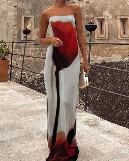 "Ember Bloom" Red Ombré Floral Print Spaghetti Strap Maxi Dress