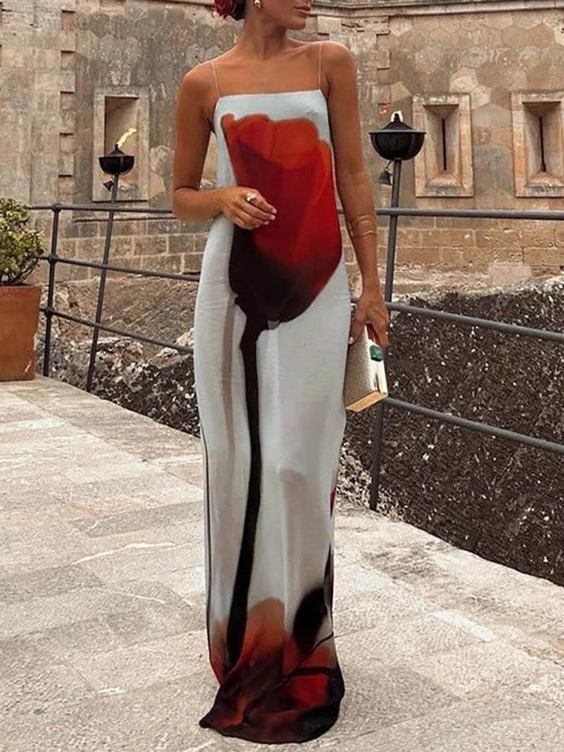 "Ember Bloom" Red Ombré Floral Print Spaghetti Strap Maxi Dress