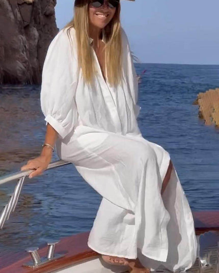"Yacht Day" White Linen Button-Front Maxi Cover-Up