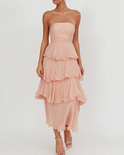 "Peach Whisper" Peach Strapless Tiered Maxi Dress