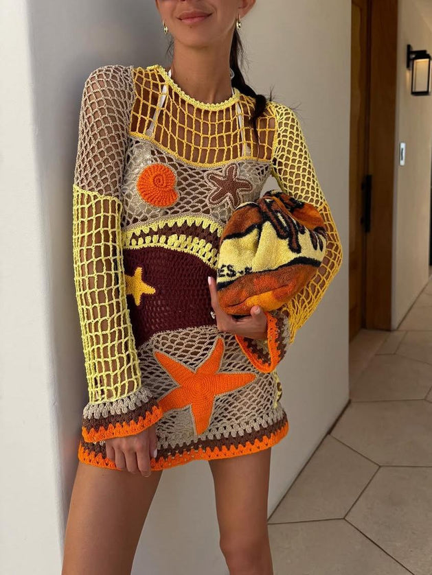 "Seaside Crochet" Multicolor Crochet Starfish Mini Dress