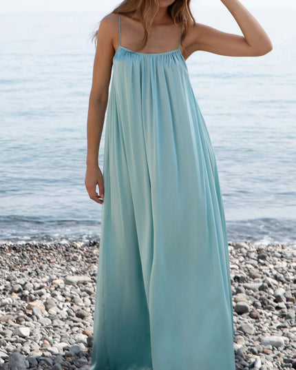 "Aqua Satin" Strappy Gathered Maxi Dress