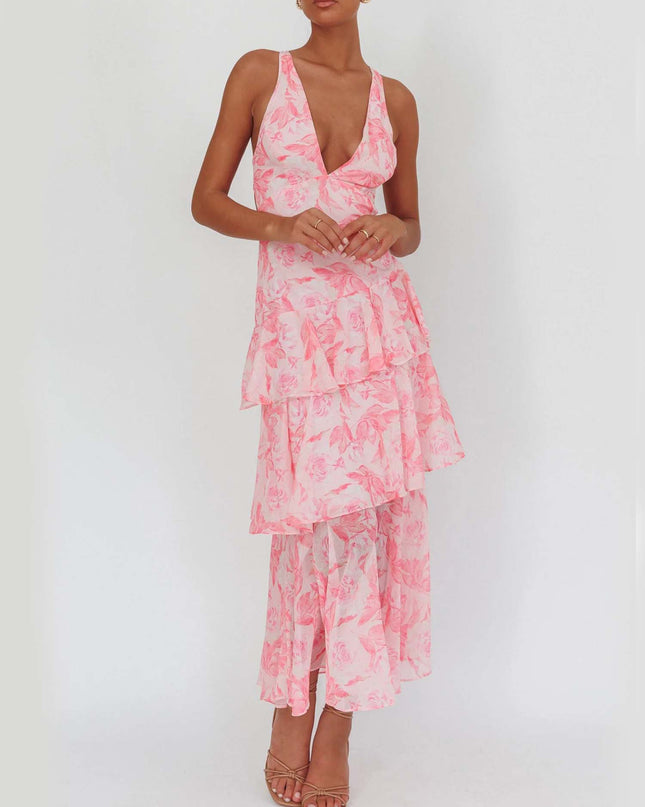 "Blush Petal" Pink Floral Tiered Maxi Dress