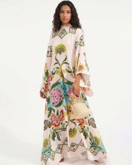 "Blossom Oasis" Tropical Floral Print Kaftan Maxi Dress