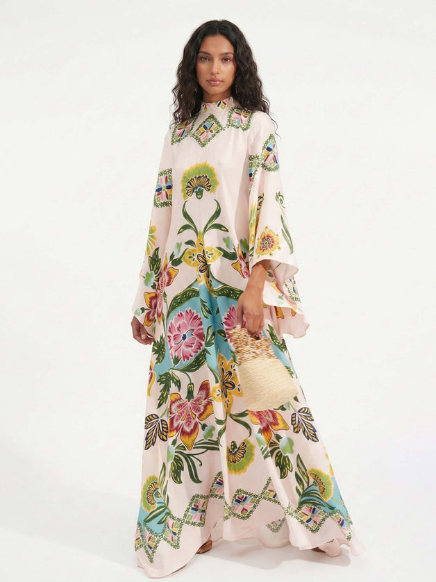 "Blossom Oasis" Tropical Floral Print Kaftan Maxi Dress