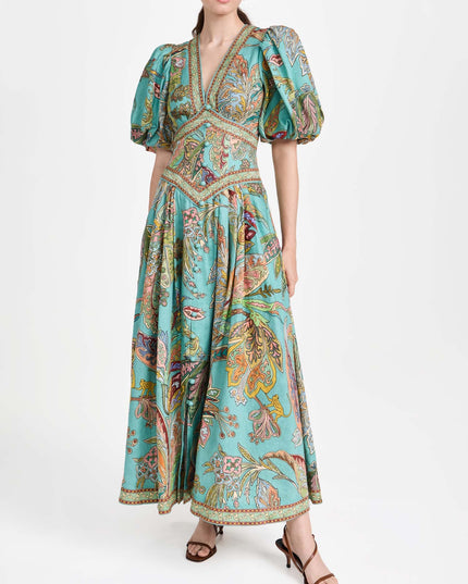 "Turquoise Paisley" Puff Sleeve V-Neck Maxi Dress