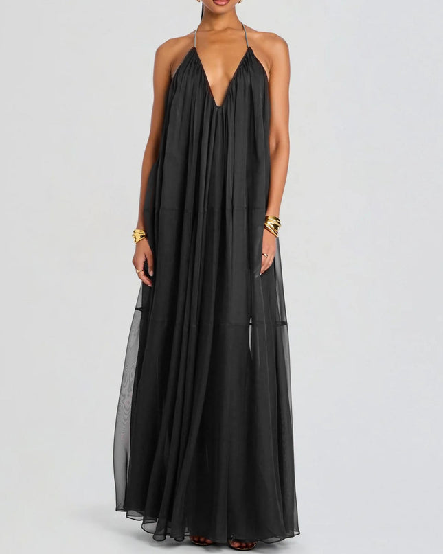 "Burgundy Breeze" Halter Neck Sheer Maxi Dress