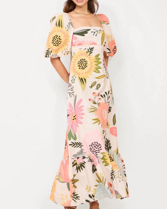 "Sunflower Garden" Floral Print Puff Sleeve Maxi Dress