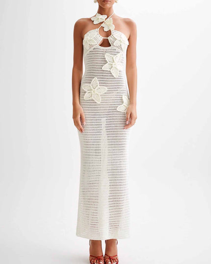 "Tropical Bloom" White Crochet Floral Halter Maxi Dress