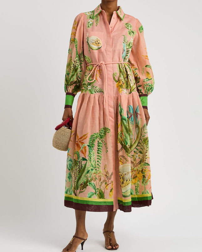 "Tropical Botanic" Blush Tropical Print Linen Dress
