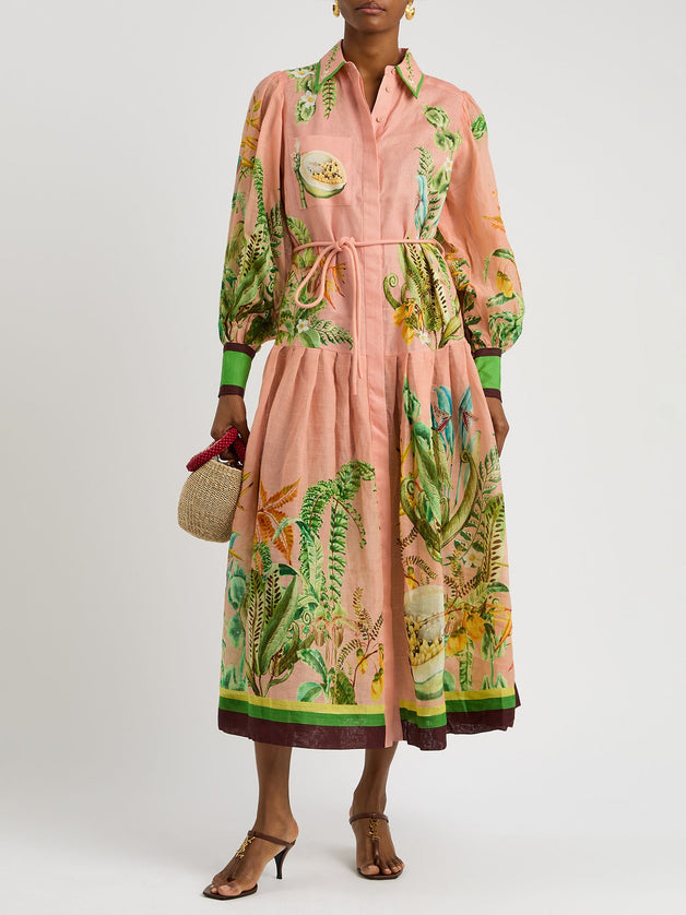 "Tropical Botanic" Blush Tropical Print Linen Dress