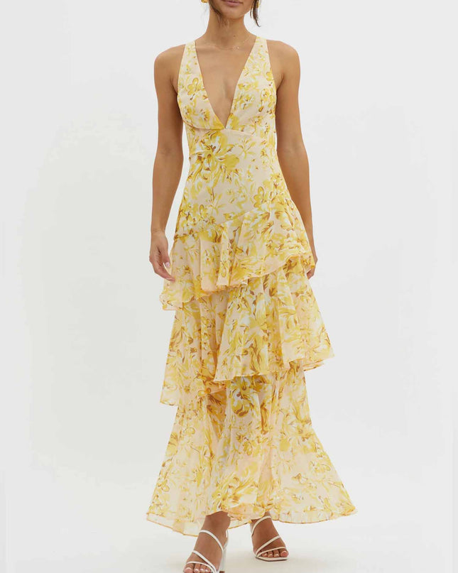 "Sunlit Petal" Yellow Floral Tiered Maxi Dress