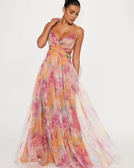 "Sunset Watercolor" Cutout Chiffon Maxi Dress