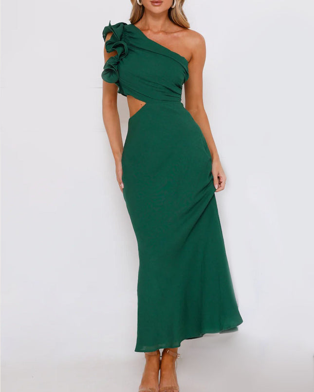 "Emerald Ruffle" One-Shoulder Maxi Dress