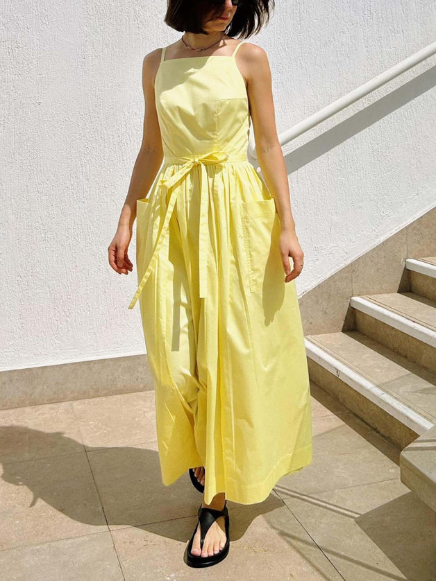 "Sunny Lemon" Sleeveless Tie-Waist Maxi Dress
