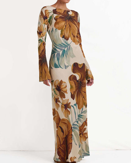 "Tropical Sepia" Floral Print Maxi Dress