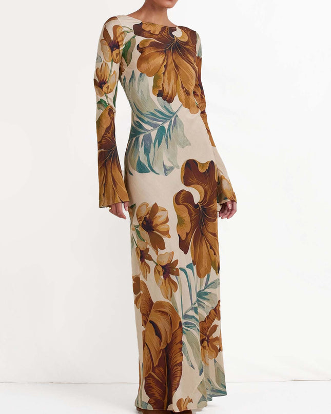 "Tropical Sepia" Floral Print Maxi Dress