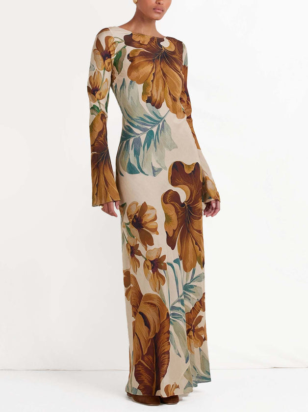 "Tropical Sepia" Floral Print Maxi Dress