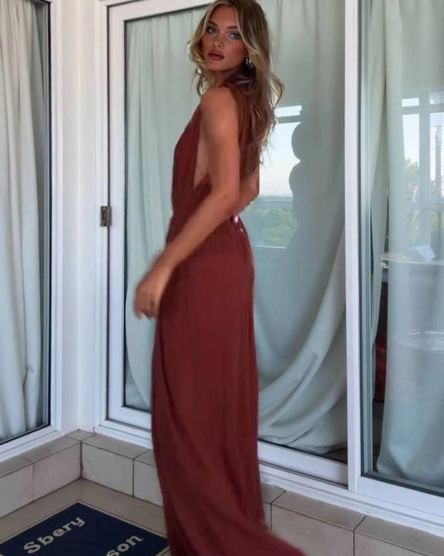 "Terracotta Breeze" Halter Neck Plunge Maxi Dress
