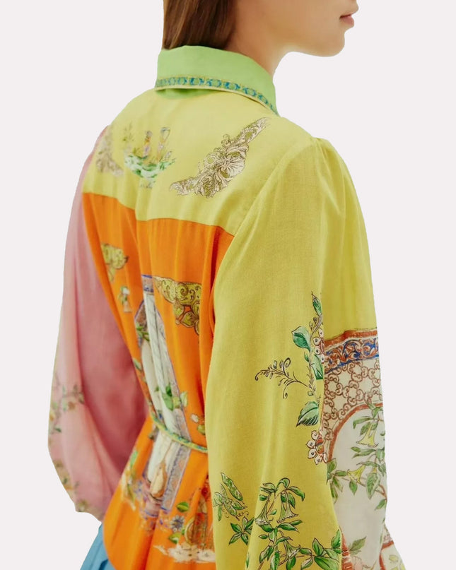 Vintage-Inspired Printed Button-Up Midi Dress