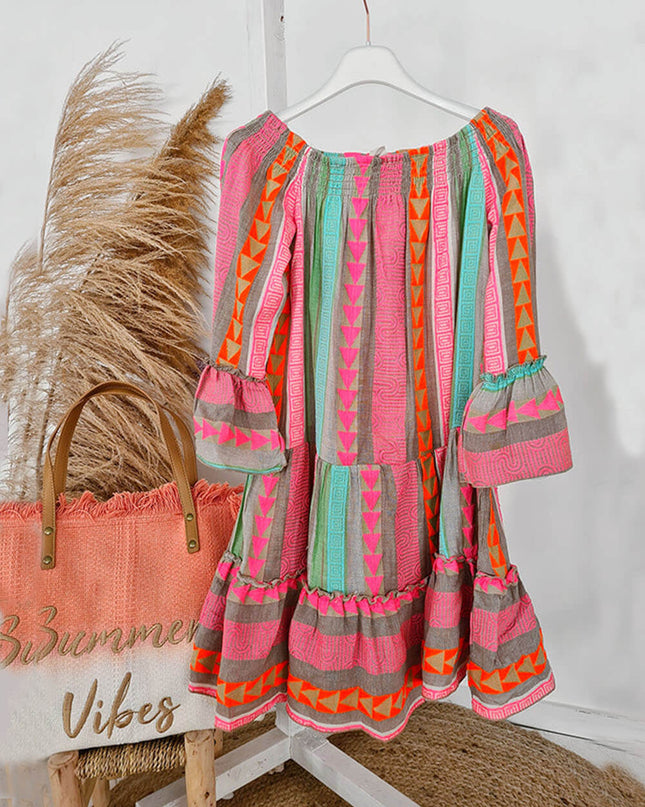 Linen Blend Ethnic Print Off Shoulder Loose Mini Dress