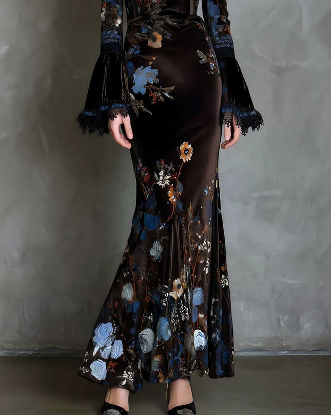 Elegant Velvet Floral Print Lace Flared Sleeve Fishtail Maxi Dress