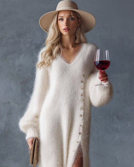 Elegant Fuzzy V-Neck Button-Detail Slit Maxi Sweater Dress
