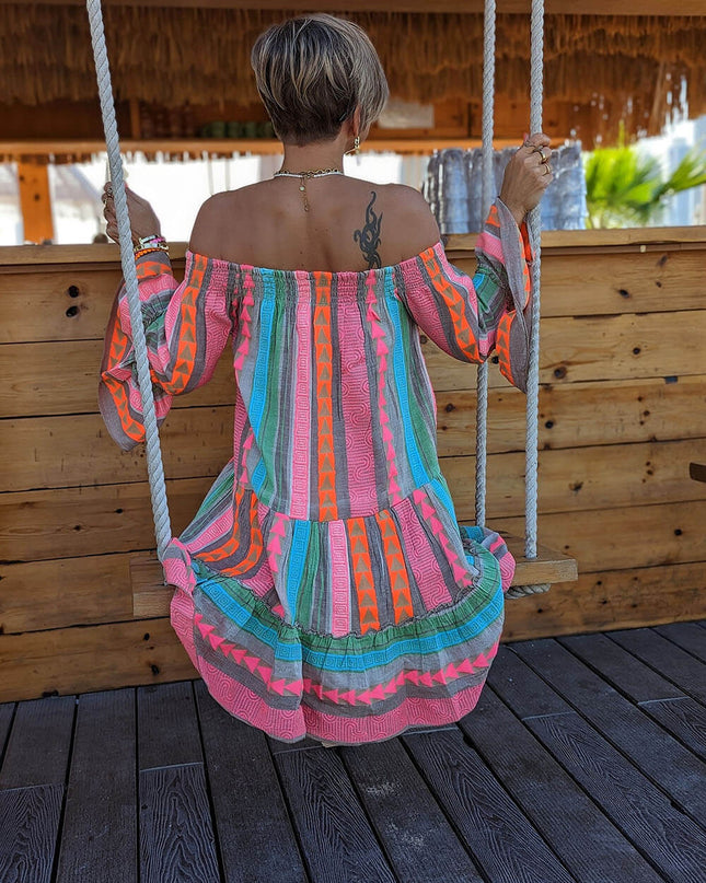 Linen Blend Ethnic Print Off Shoulder Loose Mini Dress