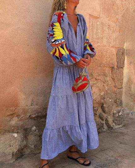 Unique Peacock Pattern Striped Print Deep V Loose Maxi Dress
