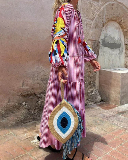 Unique Peacock Pattern Striped Print Deep V Loose Maxi Dress
