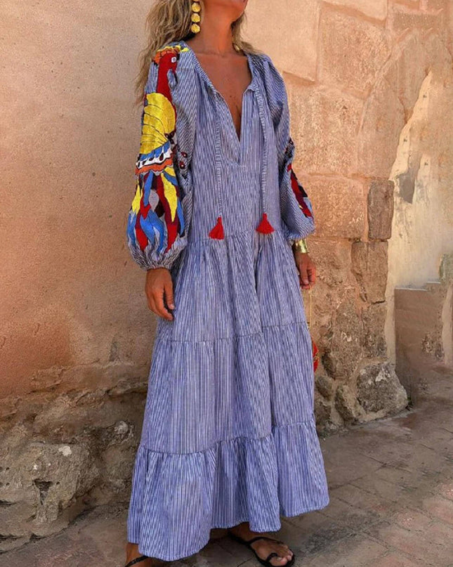 Unique Peacock Pattern Striped Print Deep V Loose Maxi Dress