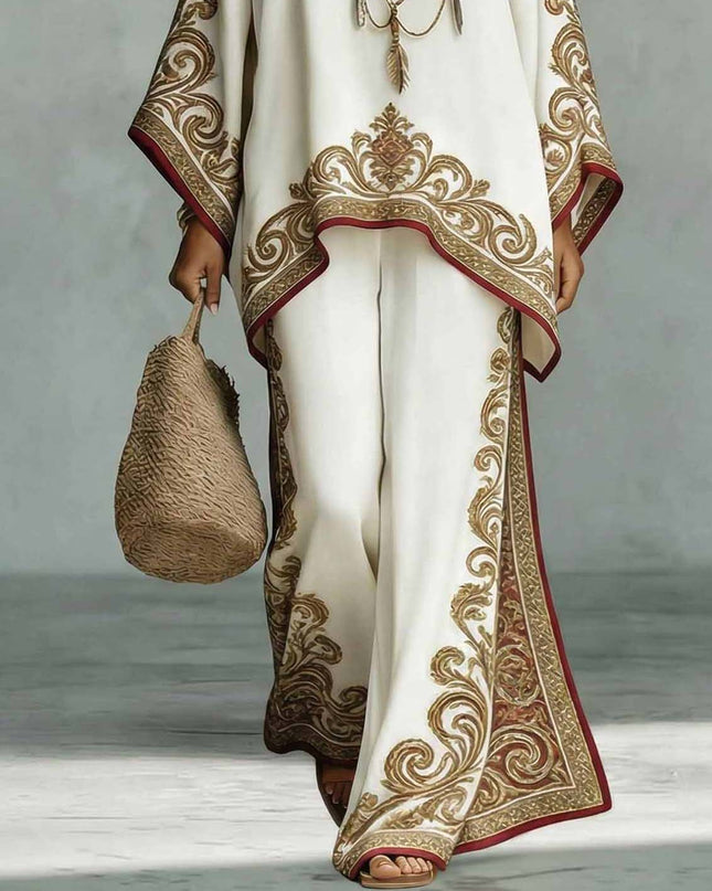 Elegant Satin Printed Oversized Shawl Top & Pants Two-Piece Set