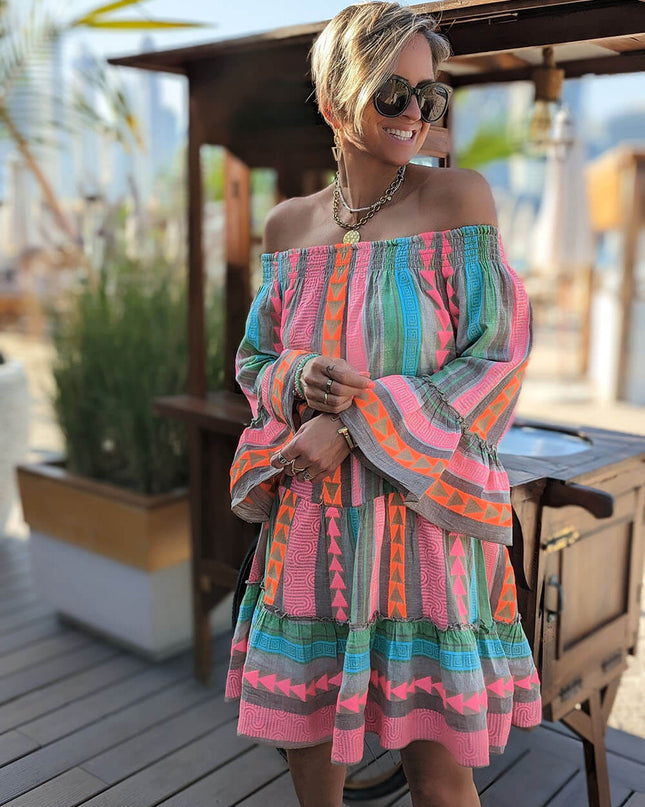 Linen Blend Ethnic Print Off Shoulder Loose Mini Dress