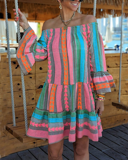 Linen Blend Ethnic Print Off Shoulder Loose Mini Dress