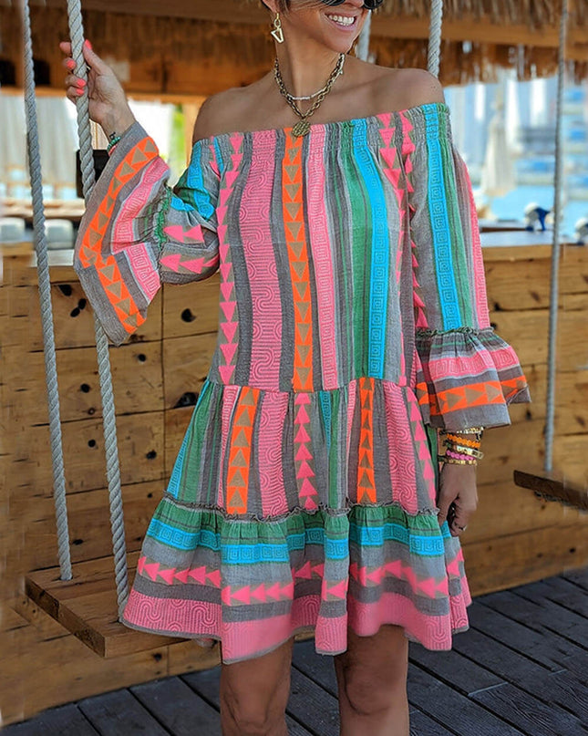 Linen Blend Ethnic Print Off Shoulder Loose Mini Dress
