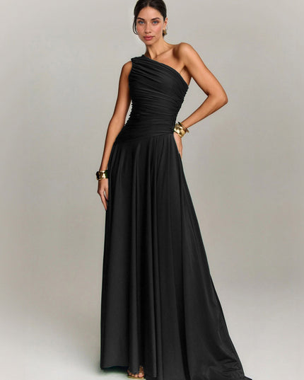 Elegant Draped One Shoulder Cocktail Maxi Dress