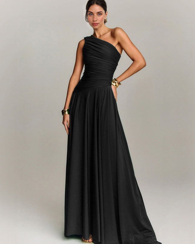 Elegant Draped One Shoulder Cocktail Maxi Dress