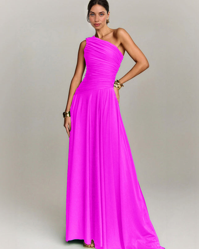 Elegant Draped One Shoulder Cocktail Maxi Dress