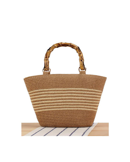 Bamboo Handle Striped Contrast Color Straw Handbag