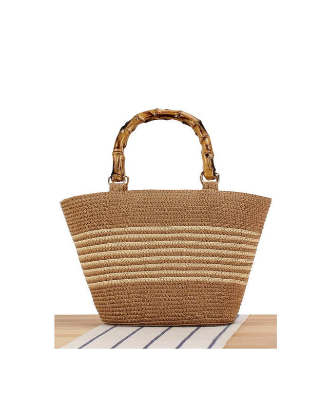 Bamboo Handle Striped Contrast Color Straw Handbag