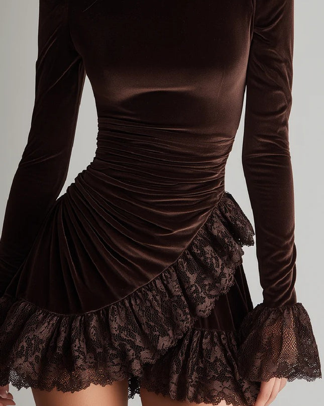 Elegant Velvet Ruffled Lace Mini Dress