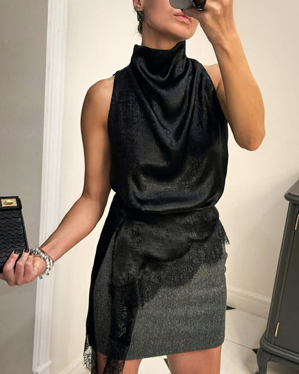 "Metallic Lace" Gold/Black Sleeveless High-Neck Asymmetrical Top